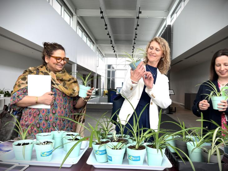 Two conference attendees are excited to receive houseplants as a parting gift.